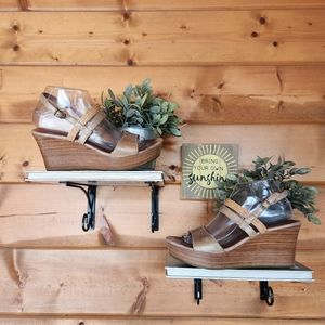 Ugg Australia Lira Metallic Gold Wash Leather Raffia Wood Wedge Sandal Shoe Sz 9